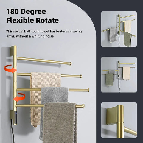 Swivel 4 Arm Towel Warmer Rack With Built In LED Timer Indicator Wall Mounted Plug In Electric Towel Heater Matte Black And Brushed Gold Finish