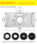 Top Shelf Aluminum Router Table Insert Plate For Butter Smooth Woodworking Cuts No Sweat Install Totally Bulletproof Build Shiny Silver Finish showing size measurements and hole pitches.