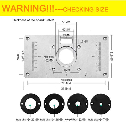 Top Shelf Aluminum Router Table Insert Plate For Butter Smooth Woodworking Cuts No Sweat Install Totally Bulletproof Build Shiny Silver Finish showing size measurements and hole pitches.