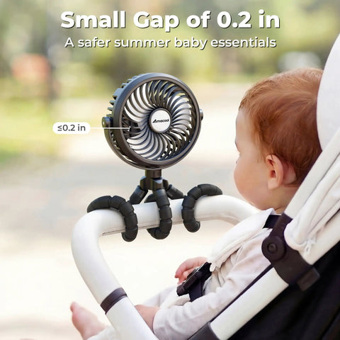 Rechargeable Battery Operated Stroller Fan Clip On for Baby, 360 Degree Adjustable Clip Fan on stroller with baby outdoors
