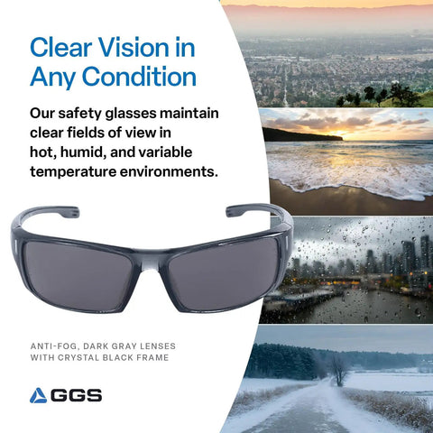 Dorado Anti Fog Safety Glasses With Lightweight Design shown against various weather conditions, smoke crystal black frame.