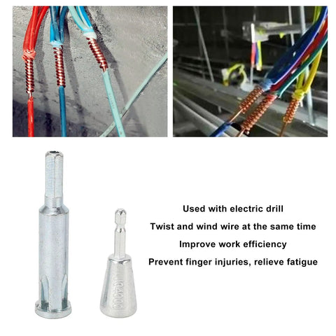 Pro Grade 40Cr Steel Wire Stripper And Terminal Twist Fixture Compatible With Power Drills showing wire twisting and stripping tools.