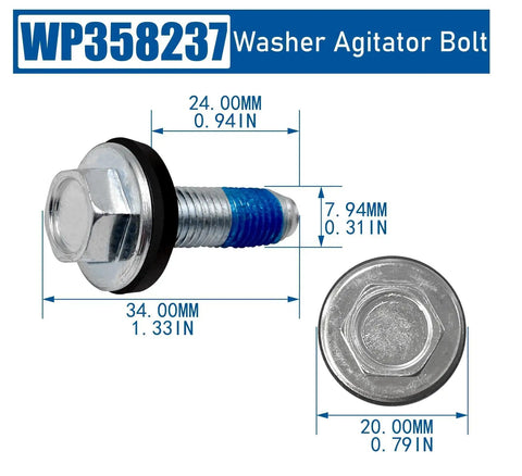 Washer Agitator Bolt 5/16-24 WP358237 Replacement Part For Whirlpool Front Load And Top Load Washers, steel bolt with measurements shown