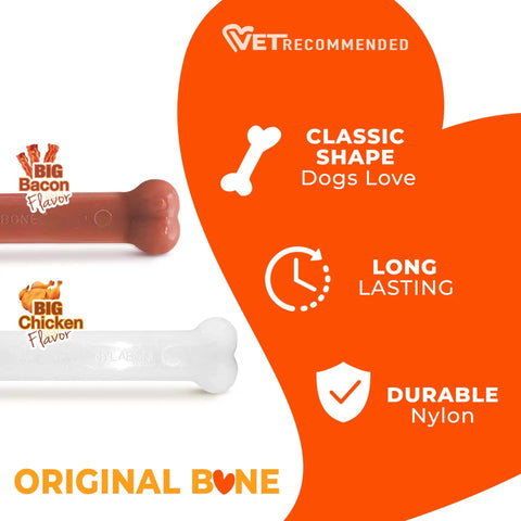 Power Chew Original Bone Dog Toys For Aggressive Chewers Durable Chicken And Bacon Flavor 2 Pack That Keeps Big Dogs Busy Satisfying Chew Sessions Every Day. original bone nylon dog chew toys in bacon and chicken flavors, 2 pack