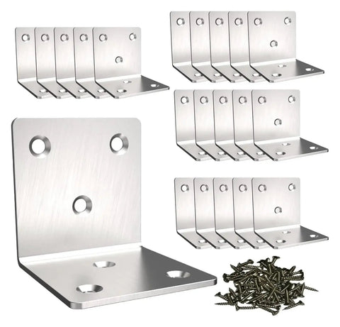 Heavy Duty Stainless Steel Corner Brackets Providing Bulletproof L Shape Reinforcement For Sturdy Home Shelves And Furniture Projects No Hassle Quick Install with screws.