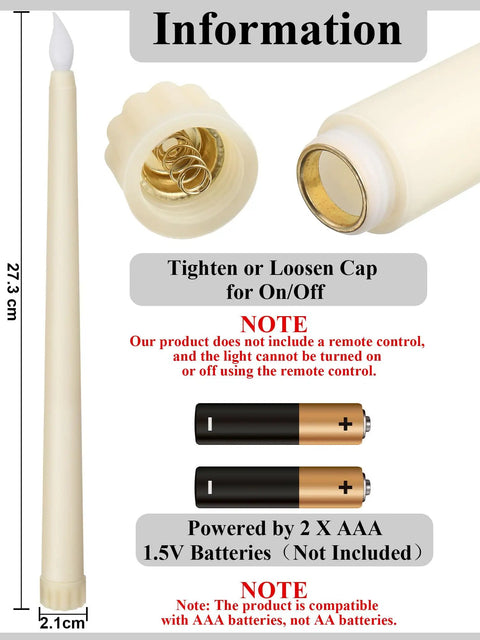 24 Pack Flameless Taper Candles Battery Operated LED Candles With Realistic Flicker, 11 Inch Ivory Tapered Candles battery details