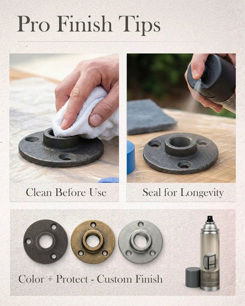 Pro finish tips for 10 Pack Three Quarter Inch Malleable Cast Iron Pipe Flanges, showing cleaning, sealing, and color options.