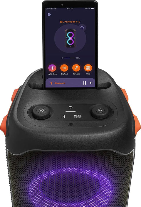 PartyBox 110 Portable Party Speaker With Built In Lights And Deep Bass 160W Power displaying smartphone interface