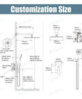 Diagram showing customization size for Matte Black Shower System With 12 Inch Rainfall Head And Handheld Spray Brass Construction.