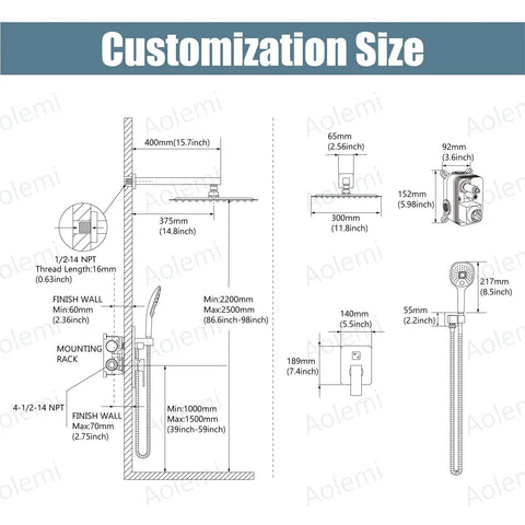 Diagram showing customization size for Matte Black Shower System With 12 Inch Rainfall Head And Handheld Spray Brass Construction.