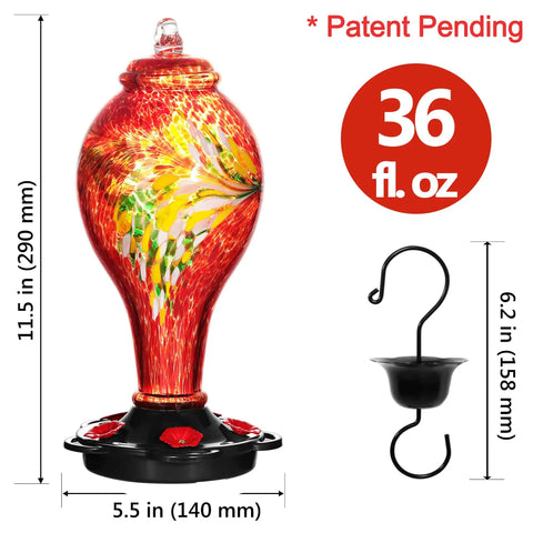 Hand Blown Glass Hummingbird Feeder With Ant Moat, 36 Fluid Ounces, Five Feeding Stations, Bold Red Color, outdoor decor
