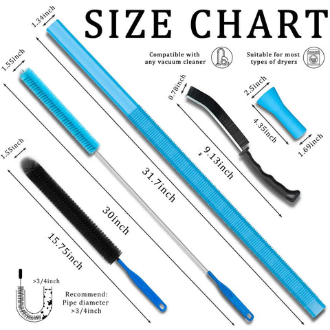 Size chart of Dryer Vent Cleaning Kit With Universal Vacuum Hose Attachment For Deep Lint Removal, 31 Inch Reach, Fits Most Vacuums