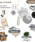 Universal Booster Wheel Kit For Tripp Trapp High Chairs By Stokke Featuring 360 Degree Swivel Casters With Safety Locks Plus Sippy Cup Bottle Strap For Stable Smooth Dining And Learning, showing installation steps and uses for high chairs and storage boxes.