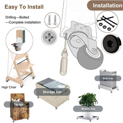 Universal Booster Wheel Kit For Tripp Trapp High Chairs By Stokke Featuring 360 Degree Swivel Casters With Safety Locks Plus Sippy Cup Bottle Strap For Stable Smooth Dining And Learning, showing installation steps and uses for high chairs and storage boxes.