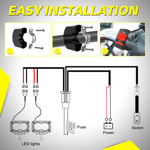 All Day Ride Ready Universal Motorcycle Wiring Harness Kit With Handlebar Switch And 12V LED Lights 10A Blade Fuse Heavy Duty Nylon Wiring Fits 7 8 Inch Handlebars 22mm For Motorcycles ATVs Dirt Bikes And Motorized Bicycles