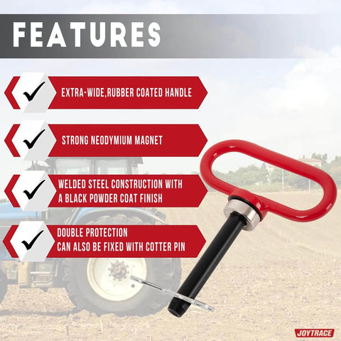 Heavy Duty Magnetic Hitch Pin With Ultra Strong Neodymium Magnet, red handle, black steel pin, tractor in background