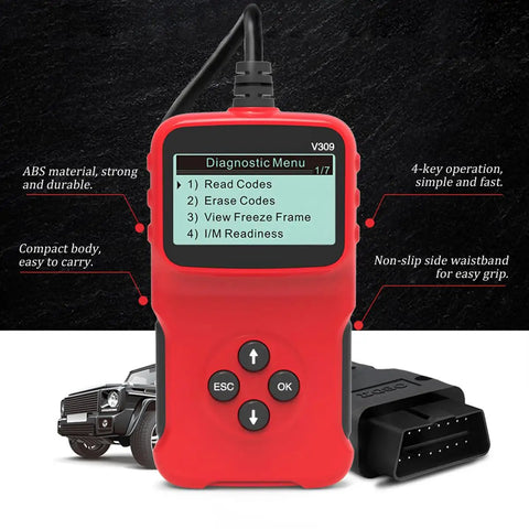 Universal OBD2 Code Reader And Diagnostic Tool with LCD screen and anti-slip grip, compact and durable design.
