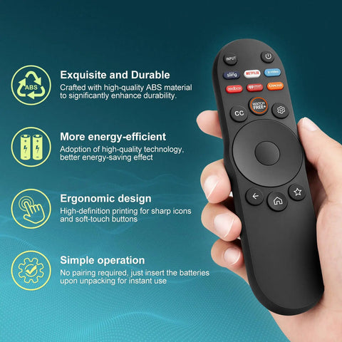 Hand holding Universal TV Remote For All SmartCast TVs Works With V Series M Series D Series P Series PX Series E Series And More Replacement Remote Control For FHD 1080p 4K QLED UHD Televisions
