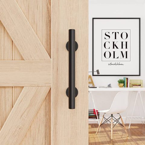 Two Sided 12 Inch Sliding Barn Door Handle Hardware With Round Grip And Flush Pull on wooden interior door