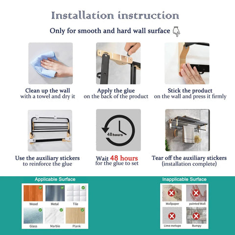Installation instructions for 24 Inch Towel Rack Wall Mounted Adhesive No Drill Towel Storage Shelf With 5 Hooks For Bathroom