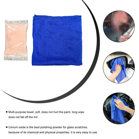 Glass Polishing Kit For Scratch Removal With 100g Cerium Oxide Powder, blue towel shown with polishing usage examples