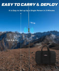 Multiband HF Antenna for Ham Radio 7 to 50 MHz Eight Band Vertical Antenna With Low SWR Under 1.1 shown on mountain terrain with bag