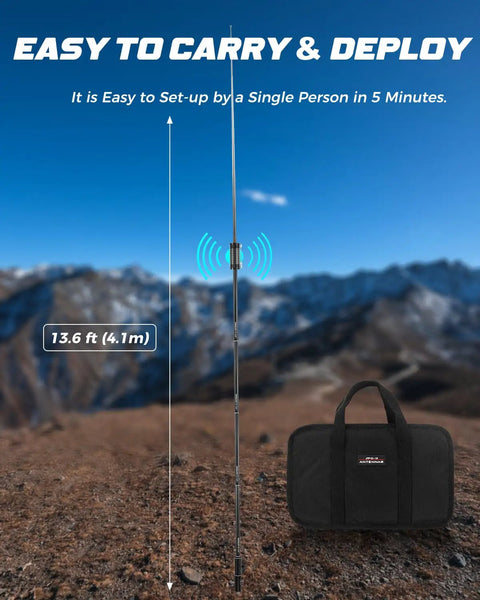 Multiband HF Antenna for Ham Radio 7 to 50 MHz Eight Band Vertical Antenna With Low SWR Under 1.1 shown on mountain terrain with bag