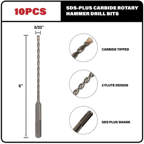 Heavy Duty Ten Pack 5/32 Inch By 6 Inch SDS Plus Rotary Hammer Drill Bits Carbide Tipped For Brick Stone And Concrete