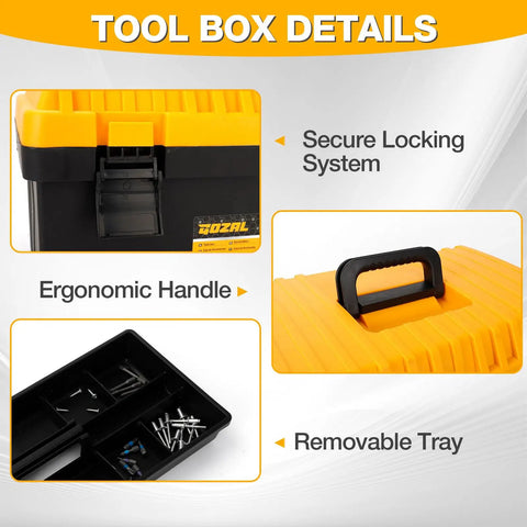 Heavy Duty Plastic Tool Box Set With Removable Trays And Dividers, Lockable Portable Storage Organizer For Garage, Shop, Jobsite And Home, Four Pack Of 13 To 19 Inch Boxes, BPA Free, Built To Last And Holds Up To 50 Lbs Each showing lockable latch and removable tray details