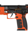 Top Shelf Non Lethal Kinetic Launcher Setup For Real Talk Home Defense And Street Smart Personal Protection With Sticky Honeycomb Grip Fast Aim Optics Orange Design Proudly Made In Usa, detailed view of orange kinetic launcher.