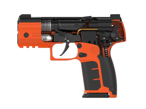 Top Shelf Non Lethal Kinetic Launcher Setup For Real Talk Home Defense And Street Smart Personal Protection With Sticky Honeycomb Grip Fast Aim Optics Orange Design Proudly Made In Usa, detailed view of orange kinetic launcher.