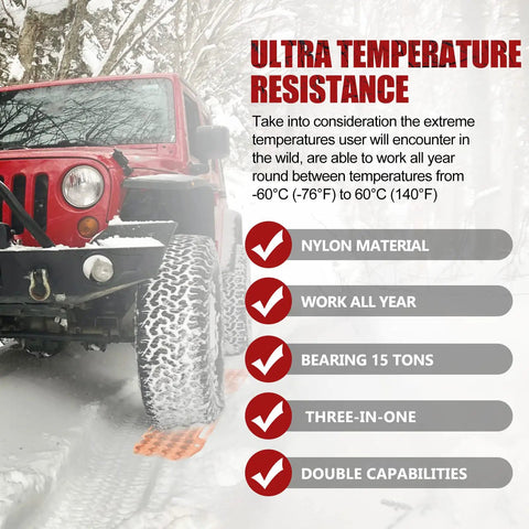 Red SUV on snow with Extendable Offroad Traction Tracks With Jack Base Multifunction Recovery Mat For Snow Mud Sand Twin Pad Design visible