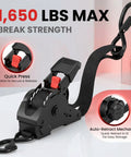 Heavy Duty Retractable Ratchet Straps 1 Inch By 10 Foot 4 Pack 1650 Lb Breaking Strength Rust Resistant Cargo Tie Downs showing quick press and auto-retract features.