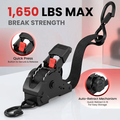 Heavy Duty Retractable Ratchet Straps 1 Inch By 10 Foot 4 Pack 1650 Lb Breaking Strength Rust Resistant Cargo Tie Downs showing quick press and auto-retract features.