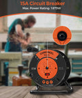 Heavy Duty Extension Cord Storage Reel With Four Grounded Outlets Built Tough Hand Wind Retractable Reel For 12/3 14/3 16/3 Gauge Cords 15 Amp Circuit Breaker ETL Listed Orange shown in workshop setting.