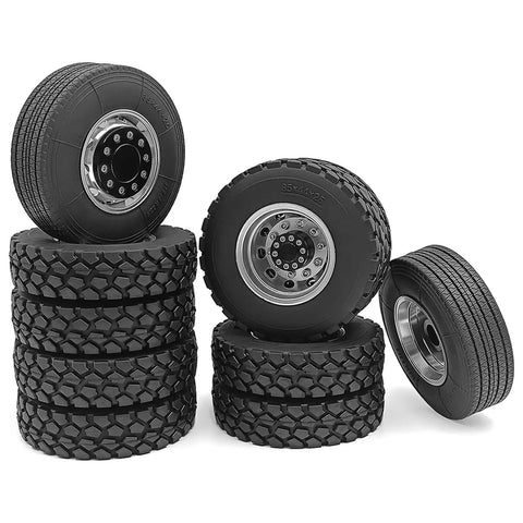 RC Car Repair Kit For One Fourteen Scale RC Tractor Truck And Trailer With Durable Wear Resistant Tires And Rims Displayed