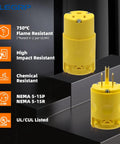 Electrical Plug And Receptacle Set 15 Amp 125 Volt NEMA 5 15P 5 15R Grounding 2 Pole 3 Wire Commercial Grade Yellow Easy Grip