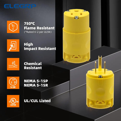 Electrical Plug And Receptacle Set 15 Amp 125 Volt NEMA 5 15P 5 15R Grounding 2 Pole 3 Wire Commercial Grade Yellow Easy Grip