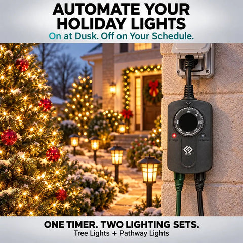 Heavy Duty Outdoor Light Timer Featuring Dusk To Dawn Photocell Sensor And Dual Grounded Outlets Waterproof Build For Yard Decor on wall with holiday lights.