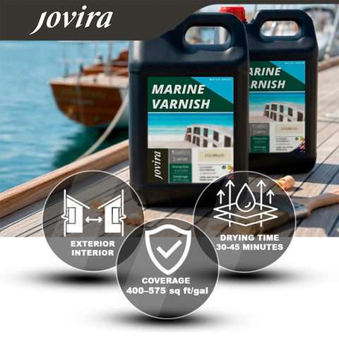 Two one-gallon containers of Heavy Duty Water Based Marine Varnish Shields Coastal Wood And Yachts From Salty Air While Delivering Hella Durable Scratch Protection With An Elegant Matte Look That Truly Stands Out.