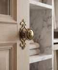 Top Shelf Vintage Zinc Alloy Cabinet Handles With Backplate And Secure Screws 4 Pack Single Hole Drawer Pulls And Cupboard Knobs close-up on a cabinet door.