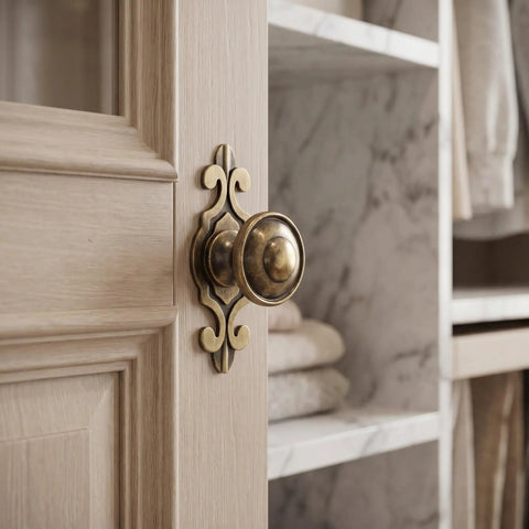Top Shelf Vintage Zinc Alloy Cabinet Handles With Backplate And Secure Screws 4 Pack Single Hole Drawer Pulls And Cupboard Knobs close-up on a cabinet door.