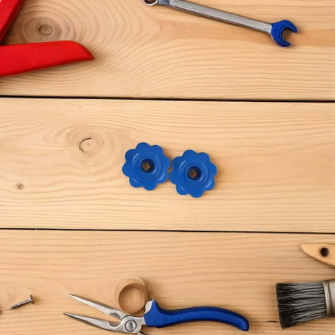 Top view of blue Aluminum Alloy Valve Handle Replacement Hexagonal Hand Wheel for Gas Cylinders on wooden surface with tools