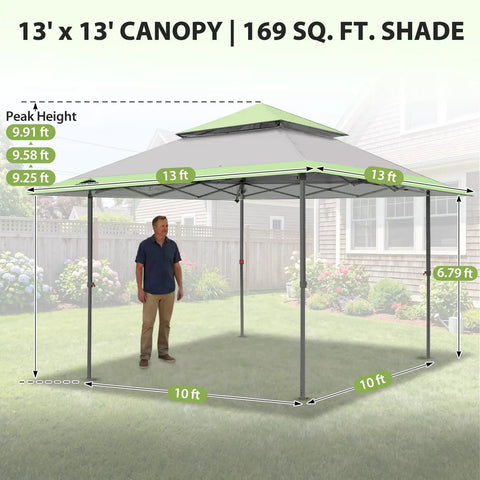 13x13 Straight Leg Pop Up Canopy Tent No Fuss One Person Setup, 169 Sq Ft Shade, Auto Extending Eaves, Gray Shelter with Center Lock
