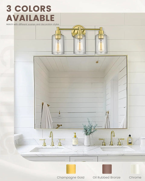 Farmhouse Style Bathroom Vanity Light Fixture With Champagne Gold Finish And Clear Glass Shade above bathroom mirror