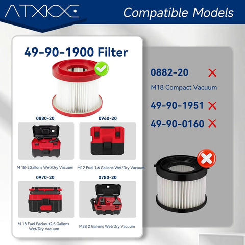 M18 Vacuum Filter Replacement 49-90-1900 Compatible With 0880-20 And 0780-20 Models 4 Pack For Shop Vac shown with compatible vacuums