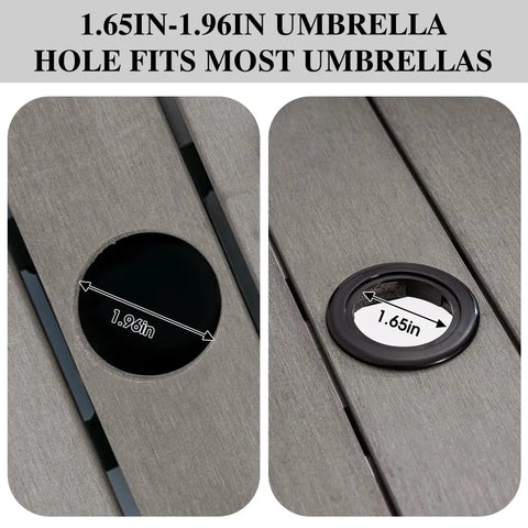 Close-up of umbrella hole dimensions on All Weather Outdoor Umbrella Stand Table With Two Weight Bags 22 Inch Wicker Side Table.