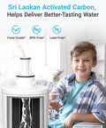 Boy smiling with a glass of water beside a Three Pack Refrigerator Water Filter Replacement For Samsung Da29-00003G unit shirt.