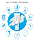 Ultimate Go To Healing Balm With Vitamin B5 Soothing Cream for various skin areas, shown in multi-purpose cream layout.