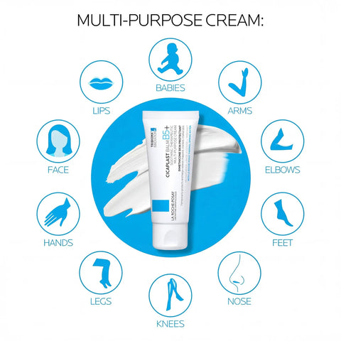 Ultimate Go To Healing Balm With Vitamin B5 Soothing Cream for various skin areas, shown in multi-purpose cream layout.
